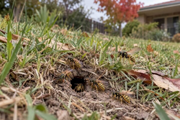 European wasps entering a lawn nest