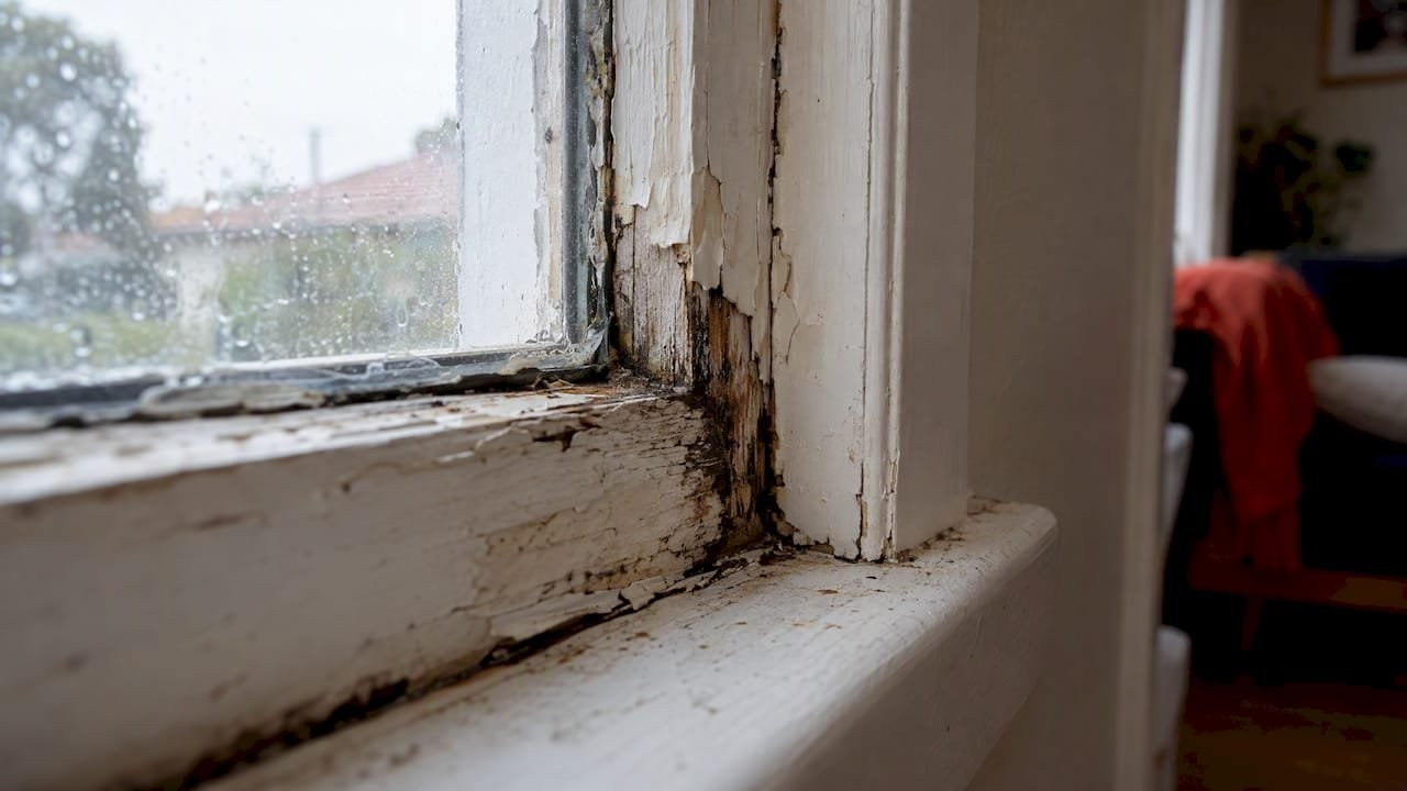 Blistered paint and softened timber at a window joint