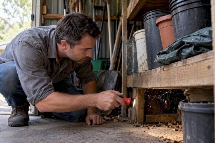 Homeowner checks a shed shelf for a redback