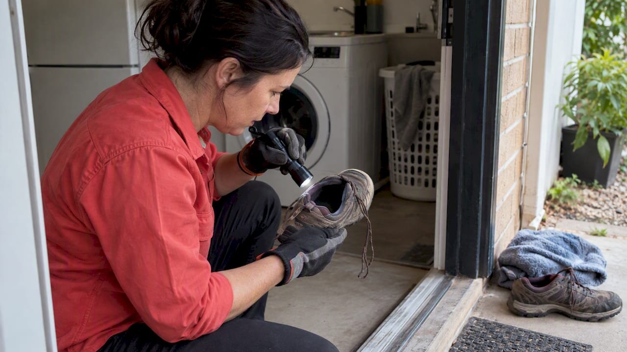 Gloved homeowner checks a shoe with a torch