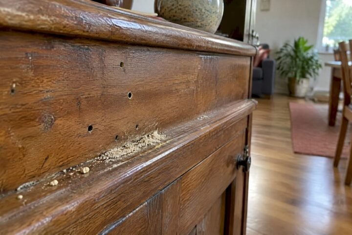 Fresh frass beneath holes in wooden furniture