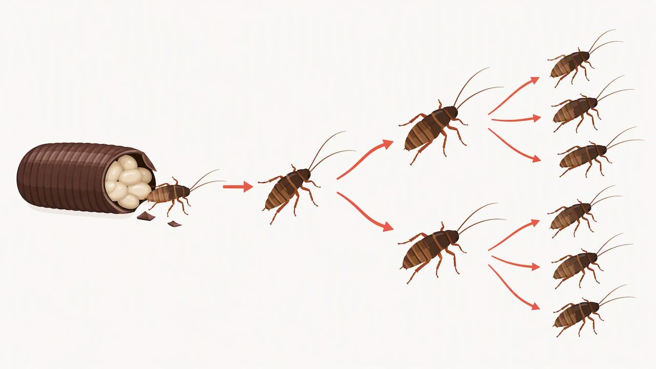 Egg case hatching into successive cockroach generations
