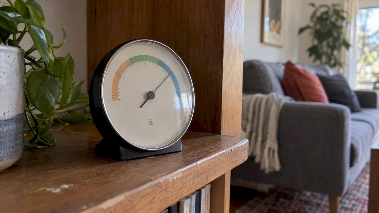 Analogue hygrometer on a living room shelf