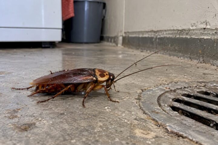 Adult American cockroach beside a floor drain