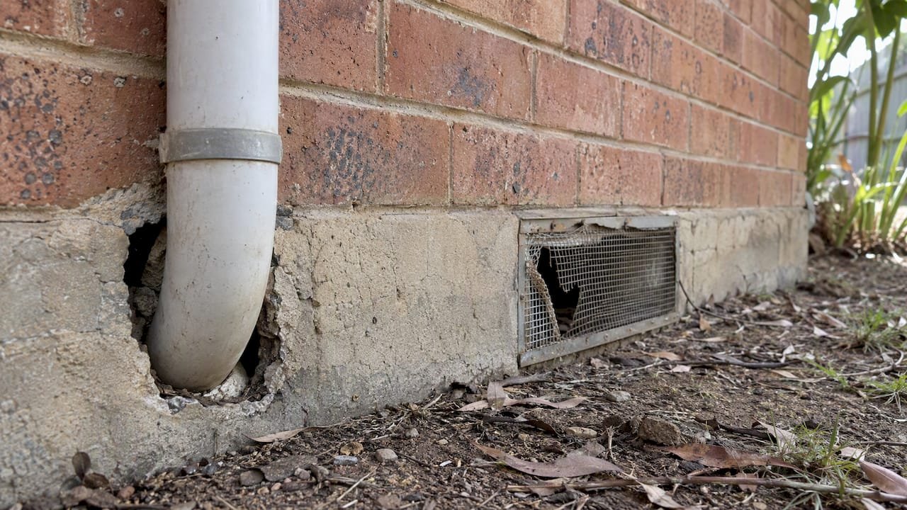 Gaps around an exterior pipe and subfloor vent