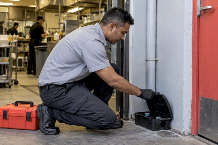 Technician checking a restaurant bait station