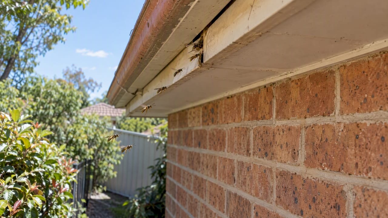 Wasps flying into a gap beneath a roofline