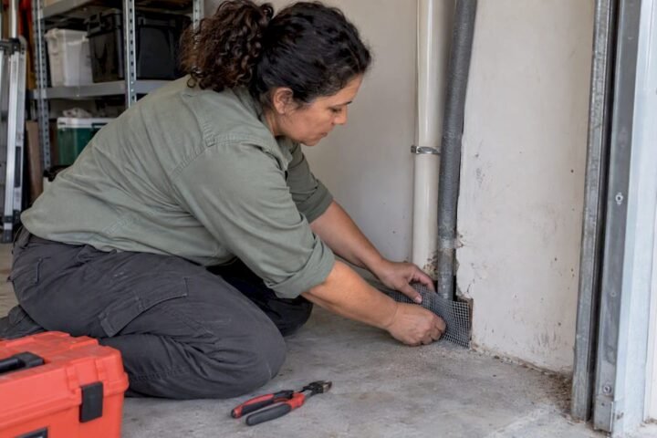 Technician sealing a rat entry gap