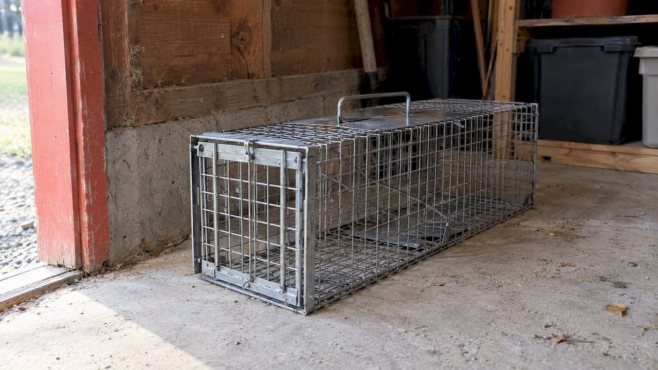 Empty live cage trap sheltered in shed