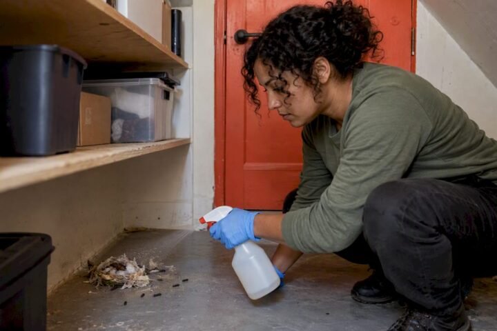 Homeowner disinfecting a rodent nest safely