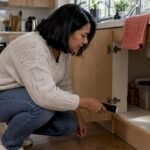 Homeowner checks kitchen cabinet for pest signs