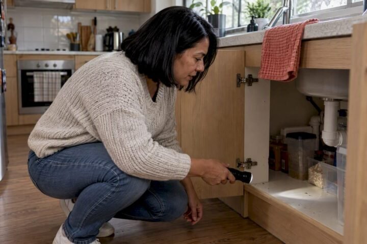 Homeowner checks kitchen cabinet for pest signs